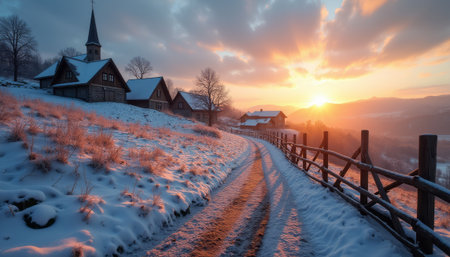 Serene winter sunrise over a picturesque villageの素材