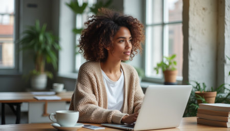 Thoughtful woman working on a laptop in a cozy cafÃ©の素材