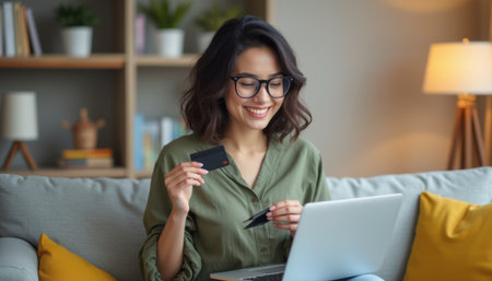 Smiling woman shopping online with credit cardsの素材
