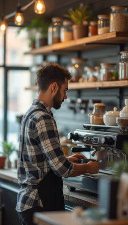 Focused barista preparing coffee in a cozy cafÃ©の素材
