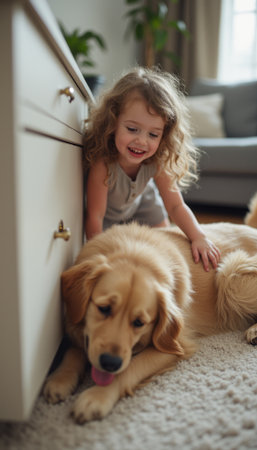 A little girl joyfully plays with her golden retriever in a cozy living roomの素材