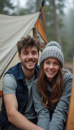 Happy couple enjoying a cozy moment outdoorsの素材