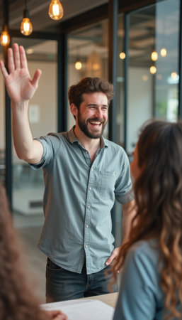 Cheerful man greeting a woman with a warm smileの素材