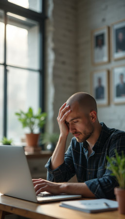 Frustrated man working on a laptop in a cozy officeの素材
