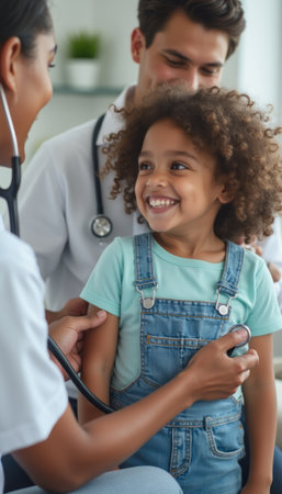 Joyful child receiving care from a compassionate doctorの素材