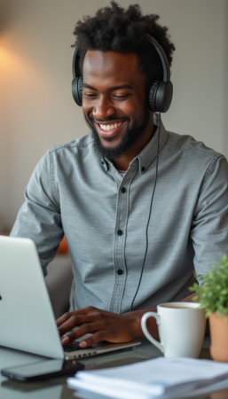 Joyful young man working on a laptop with headphonesの素材