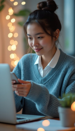 Young woman engaged with her smartphone while working on a laptopの素材