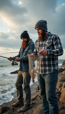 Two bearded men fishing on a rocky shore at sunsetの素材