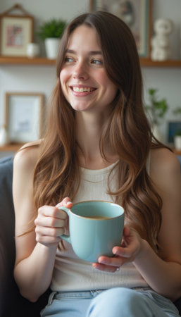 Smiling woman enjoying a warm cup of coffeeの素材