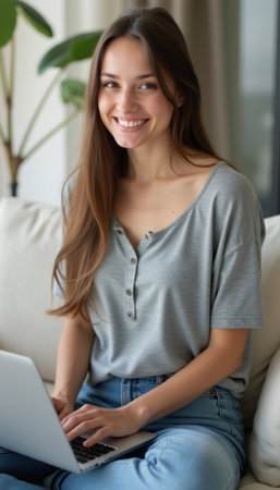 Smiling woman working on a laptop in a cozy living roomの素材