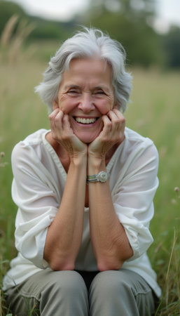 Joyful elderly woman smiling warmly in a lush green fieldの素材