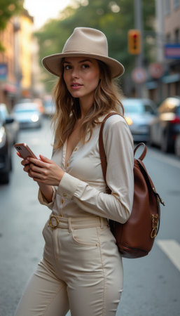 Stylish woman in a beige outfit checks her phone on a bustling city streetの素材