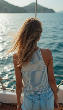 Woman enjoying a serene moment on a boat, gazing at the shimmering seaの素材