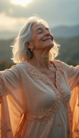 Joyful elderly woman embracing natures beautyの素材