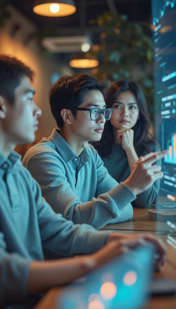 Focused team analyzing data on a futuristic screenの素材