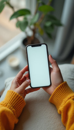 Cozy hands holding a smartphone with a blank screenの素材