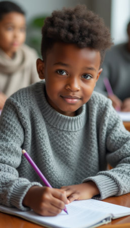Young boy focused on writing in a cozy classroomの素材