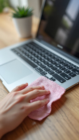 Hand cleaning a laptop keyboard with a pink clothの素材