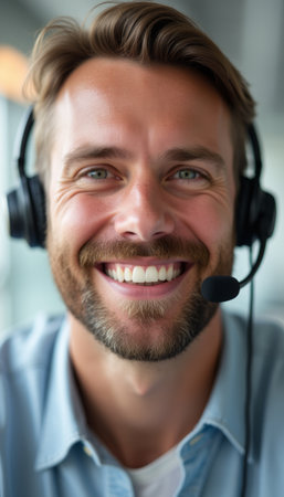 Cheerful man with headset smiling brightlyの素材