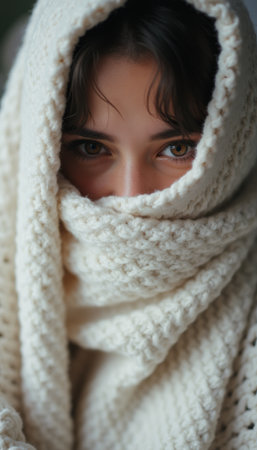 Enchanting close-up of a woman wrapped in a cozy white scarfの素材