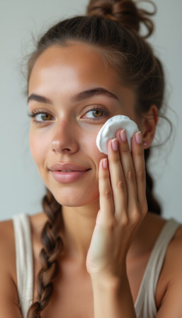 Young woman applying skincare with a cotton padの素材