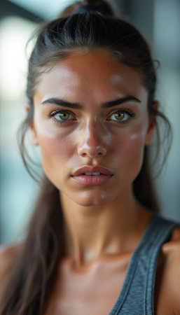 Striking close-up of a young woman with captivating green eyesの素材