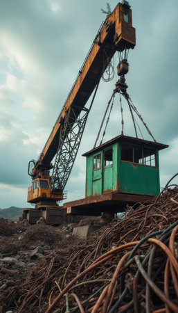 Industrial crane lifting a green cabin amidst tangled wiresの素材