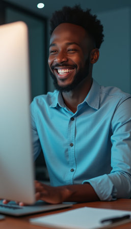 Joyful man working on a computer in a modern officeの素材