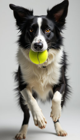 Energetic dog leaping with a bright green tennis ballの素材