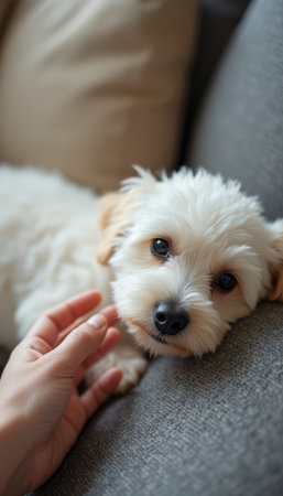 Adorable puppy snuggling on a cozy couchの素材