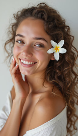 Radiant young woman with curly hair and a flowerの素材
