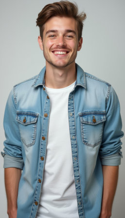Cheerful young man in denim shirt smiling brightlyの素材