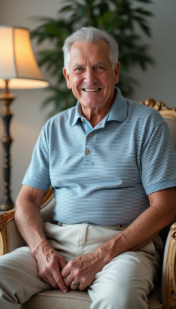 Cheerful elderly man smiling warmly in a cozy living roomの素材