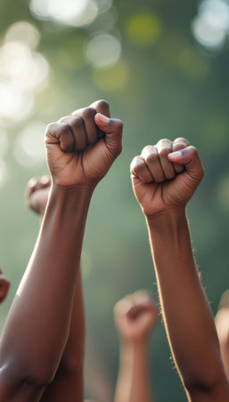 Raised fists symbolizing unity and strengthの素材