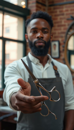 Skilled barber presenting scissors with confidenceの素材