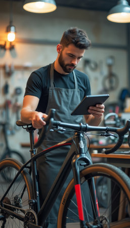 Focused mechanic analyzing bike specifications on a tabletの素材
