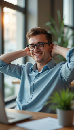 Smiling young man relaxing in a modern workspaceの素材