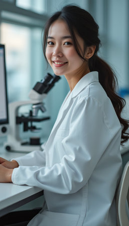 Smiling female scientist in a lab coat at her workstationの素材