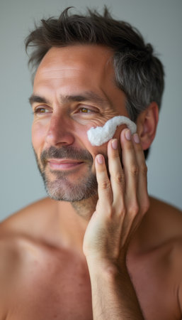 Man applying skincare cream with a thoughtful expressionの素材