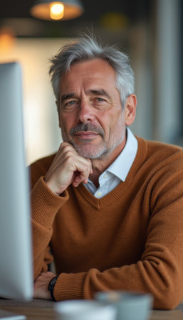 Thoughtful senior man in a cozy sweaterの素材