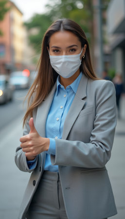 Confident woman in a suit giving a thumbs-upの素材