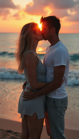 Couple sharing a passionate kiss at sunset on the beachの素材