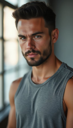 Intense gaze of a handsome man in a sleeveless shirtの素材