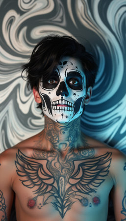 Intriguing portrait of a person with striking skull makeup and intricate tattoosの素材