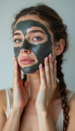 Woman applying a charcoal face mask with a serene expressionの素材