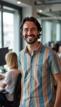 Cheerful man in a colorful shirt smiles warmly in a modern office settingの素材