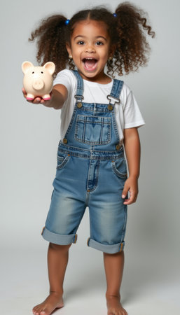 Joyful girl holding a piggy bankの素材