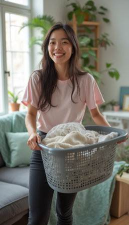 Cheerful woman carrying a laundry basket in a cozy living roomの素材