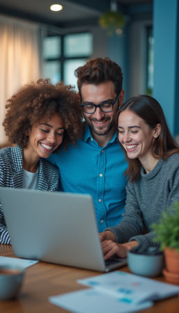 Three friends joyfully collaborating on a laptopの素材