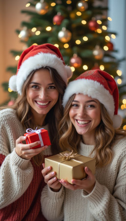 Two joyful women in Santa hats holding beautifully wrapped giftsの素材